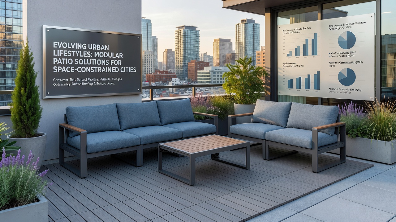Urban courtyard featuring reconfigurable modular deck tiles and fold-out extensions
